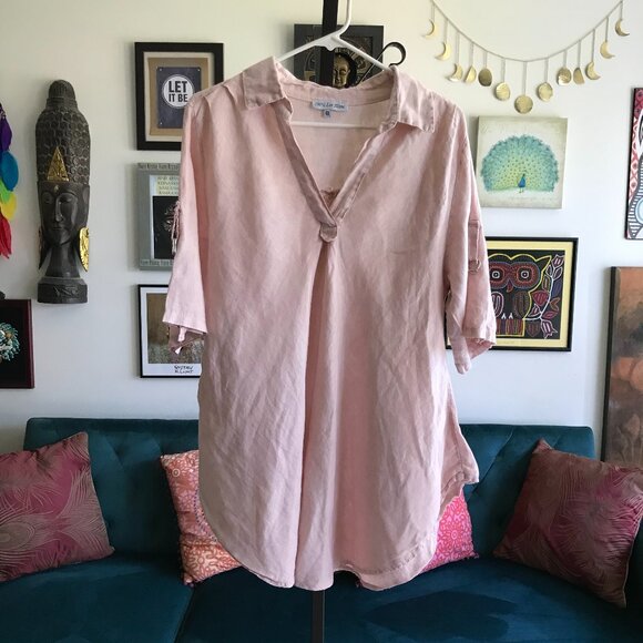 100% LIN BLANC size 40 L / XL Pink Washed Linen Bias Cut Artsy Lagenlook Tunic - Picture 1 of 3